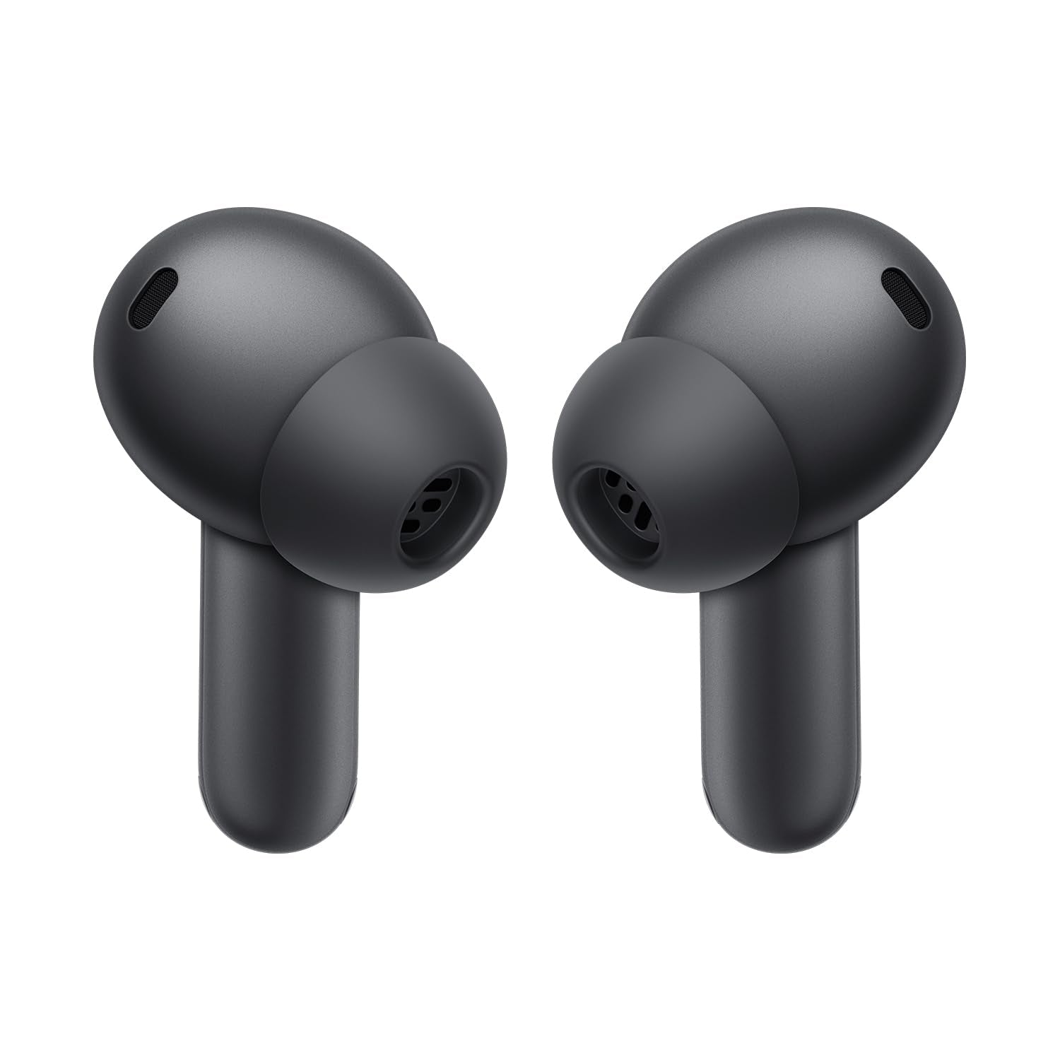 Storm Gray | OnePlus Buds 4 Storm Gray earbuds, close-up of silicone ear tips and microphones