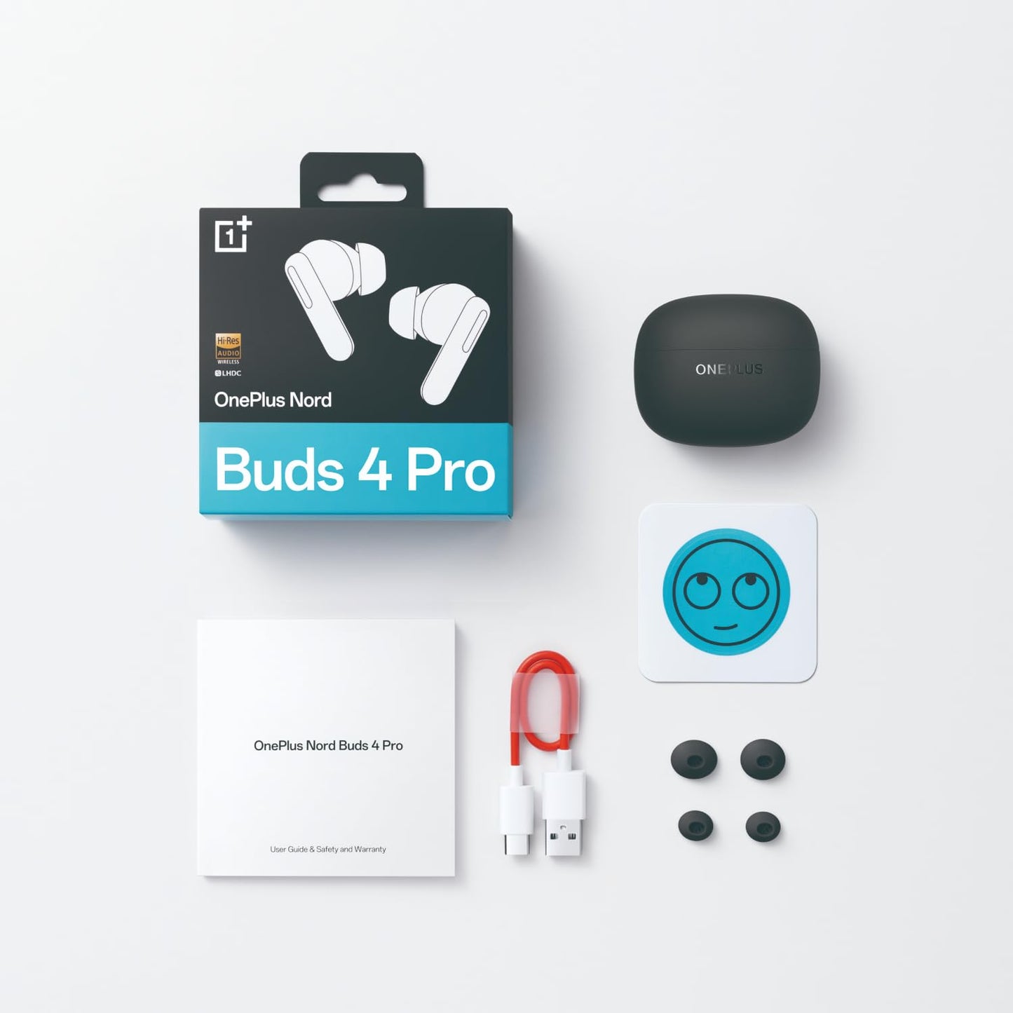 Raven Black | OnePlus Nord Buds 4 Pro Raven Black what's in the box: case, earbuds, ear tips, USB-C cable and guide