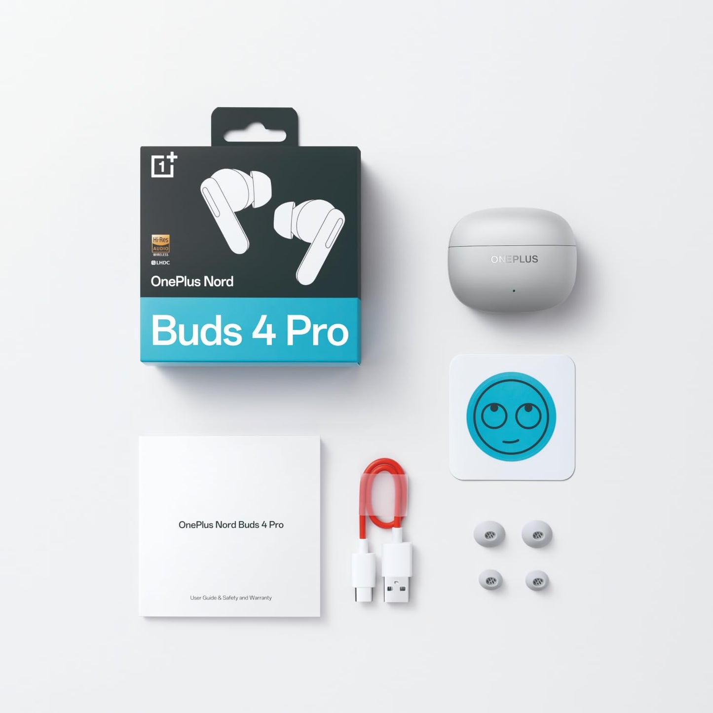 Radiant Gray | OnePlus Nord Buds 4 Pro Radiant Gray what's in the box: case, earbuds, ear tips, USB-C cable and guide