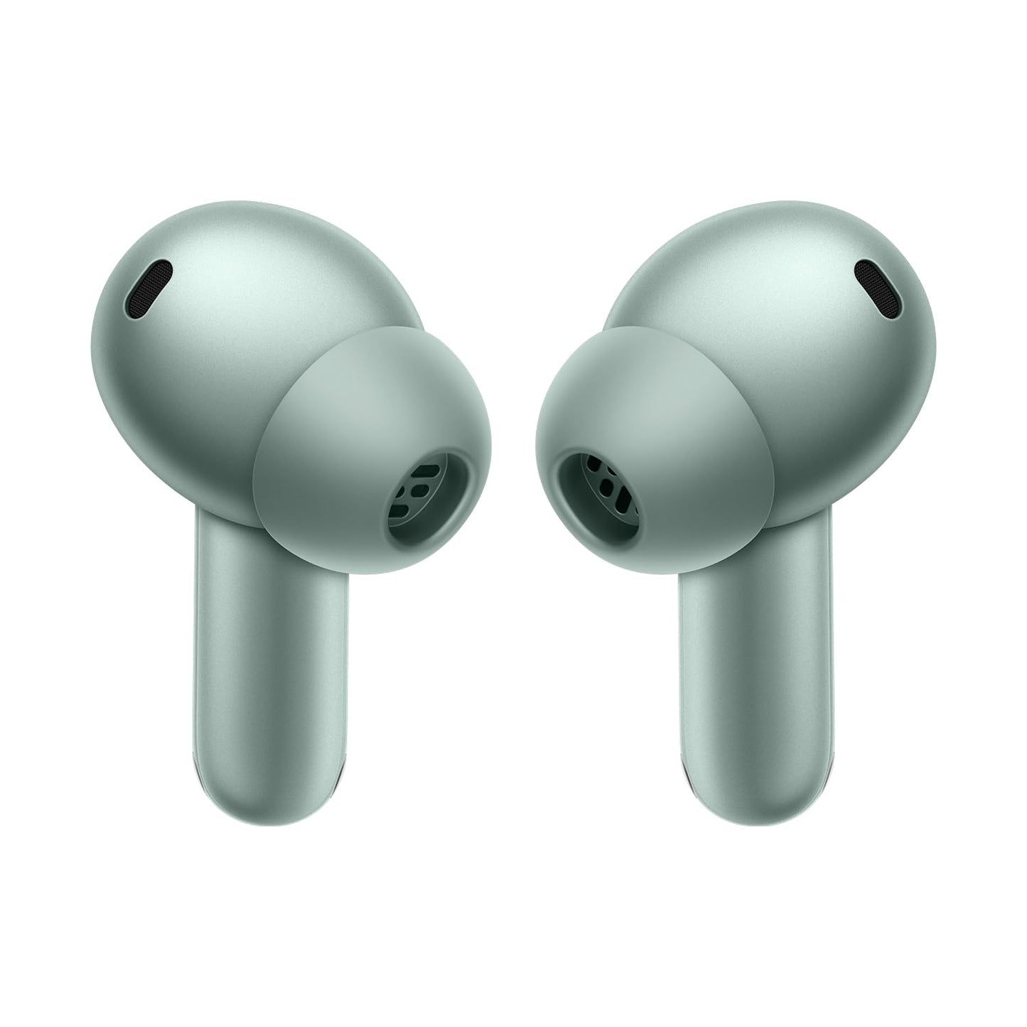 Zen Green | OnePlus Buds 4 Zen Green earbuds, close-up of silicone ear tips and microphones