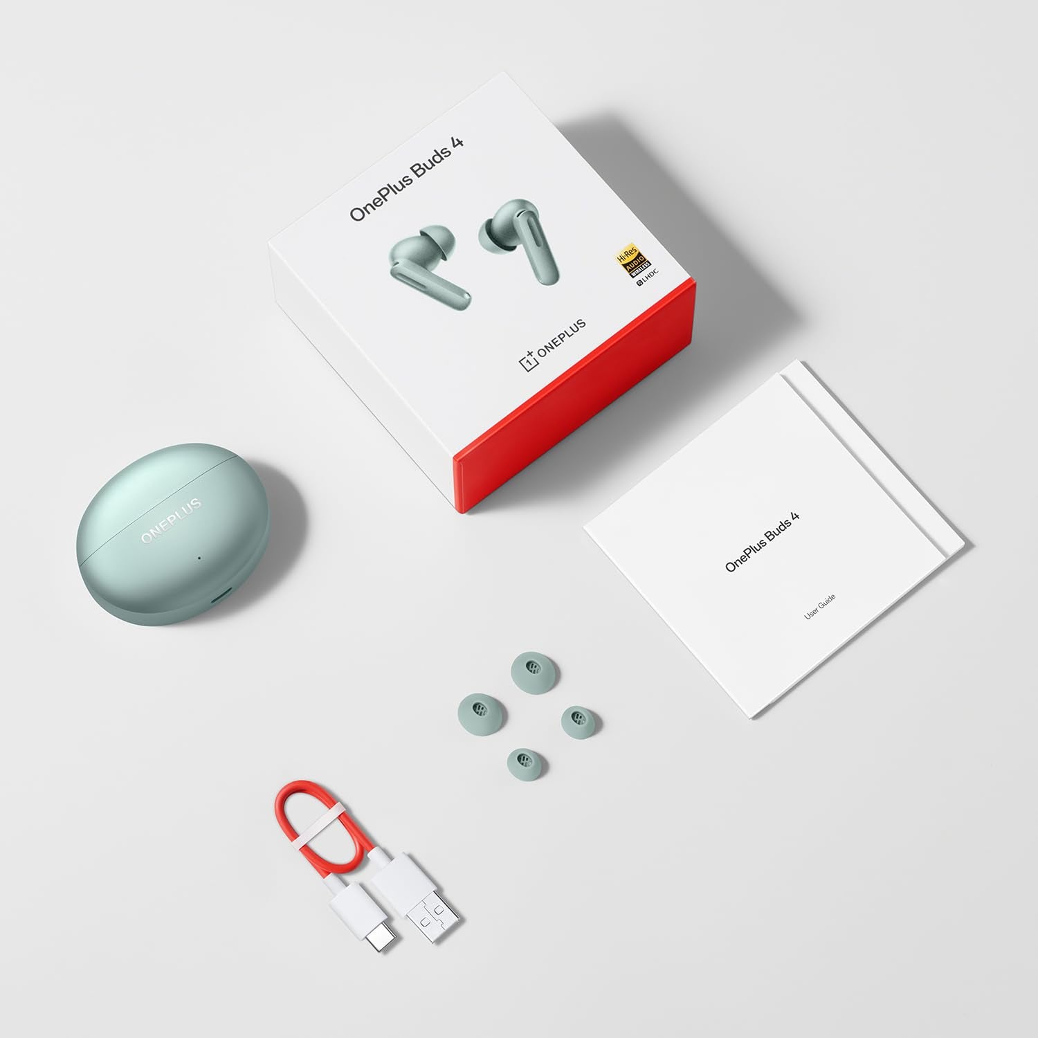 Zen Green | OnePlus Buds 4 Zen Green — what's in the box: case, earbuds, ear tips, USB-C cable and guide
