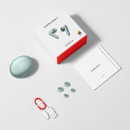 Zen Green | OnePlus Buds 4 Zen Green — what's in the box: case, earbuds, ear tips, USB-C cable and guide