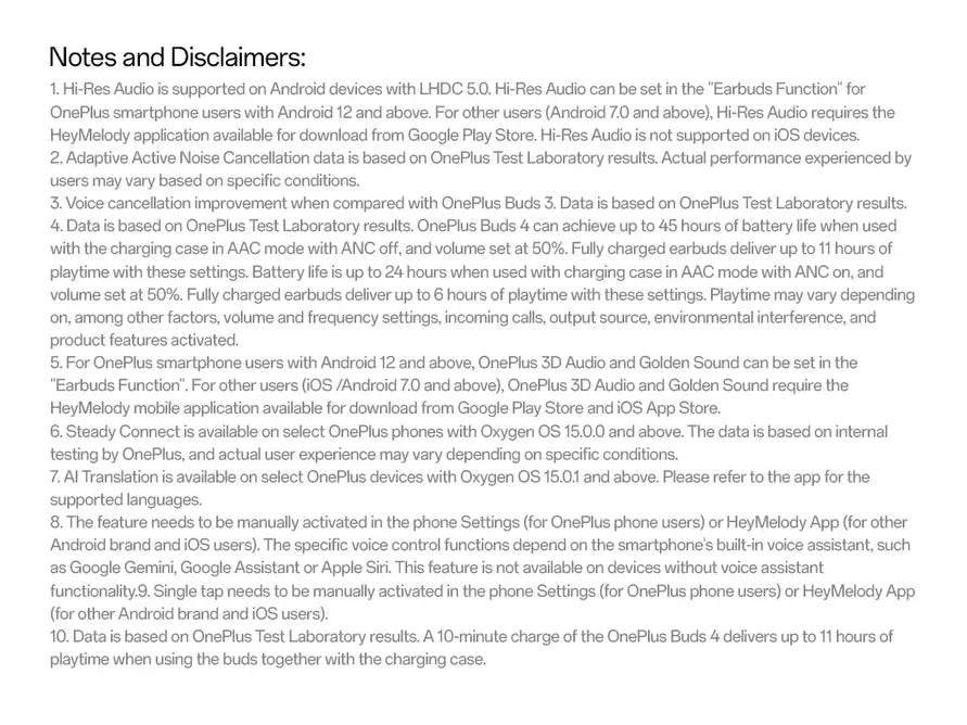 OnePlus Buds 4 — product notes and disclaimers