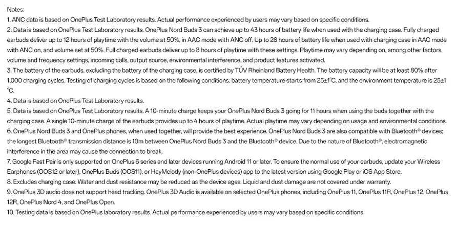 OnePlus Nord Buds 3 — product notes and disclaimers