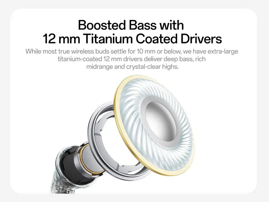 OnePlus Nord Buds 4 Pro boosted bass with 12mm titanium-coated drivers