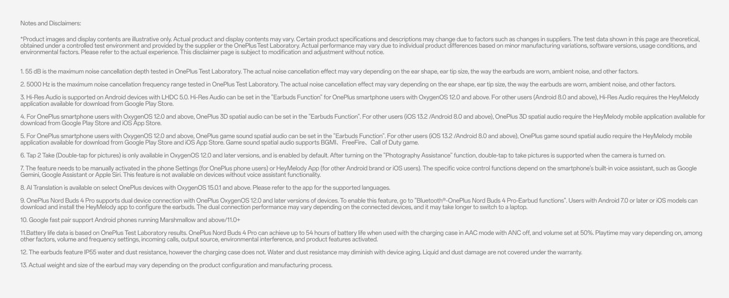 OnePlus Nord Buds 4 Pro — product notes and disclaimers